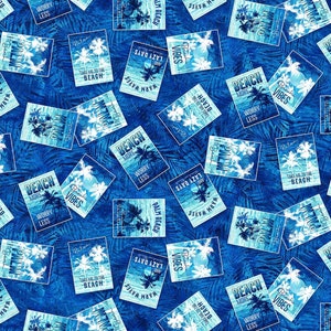 May include: A blue and white patterned fabric with repeating phrases like "Beach More Worry Less", "Palm Beach", "Warm Waves", and "Lazy Days".