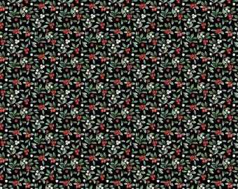 May include: A repeating fabric pattern featuring a dense arrangement of dark green leaves, vibrant red berries, and small white berries set against a solid black background. The botanical elements are evenly distributed across the entire surface.