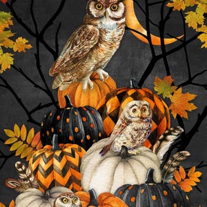 May include: A digital illustration featuring three owls perched among a collection of pumpkins. The pumpkins vary in color, including orange, white, and black with orange polka dots or chevron patterns, surrounded by autumn maple leaves and branches.