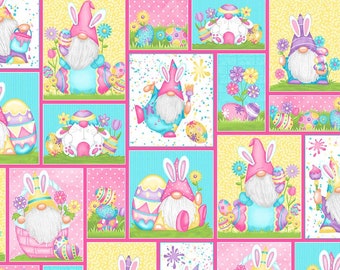 Easter Patchwork-Pink-Yellow-Hoppy Easter Gnomies Collection-Henry Glass-Comiskey-Spring-100% Cotton-Quilting Cotton-562-21-Cut to Size
