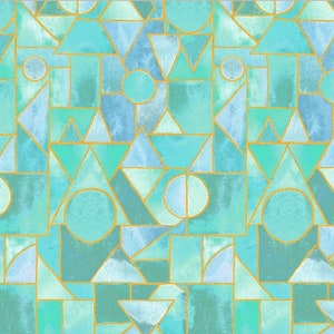 May include: Abstract geometric pattern with teal, blue, and gold accents. The pattern is made up of squares, triangles, and circles.