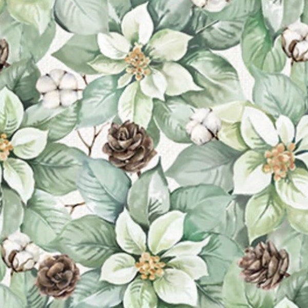 Packed Poinsettia and Pine Cone-Seafoam-Off White-White Linen Christmas Collection-Northcott Fabric-100 % Cotton Fabric-25429-10-Cut to Size