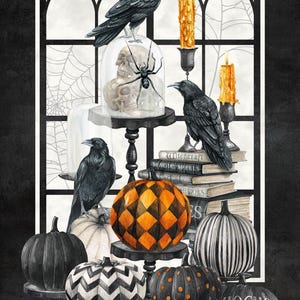 May include: Watercolor illustration featuring Halloween-themed decor. Includes black crows, pumpkins in various designs, candles, and a skull under a glass dome. The words "Hocus Pocus" are visible on one pumpkin. The background has a window with spiderwebs.