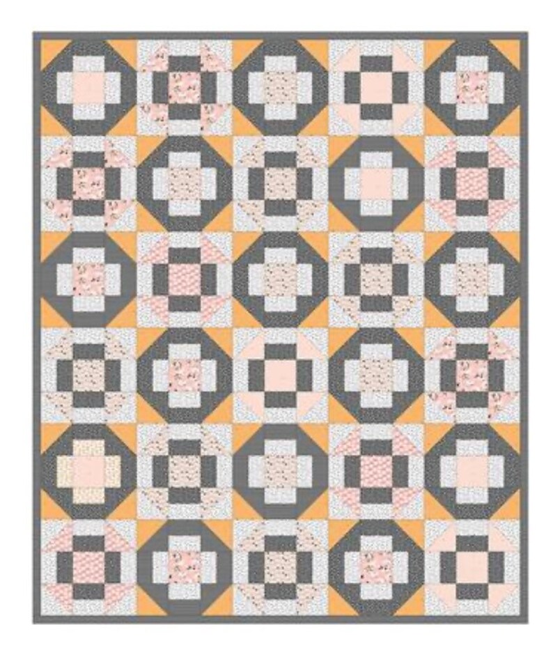 May include: A quilt with a geometric pattern of squares and circles in shades of gray, pink, and yellow.