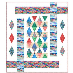 May include: A quilt pattern with a geometric design featuring pink, blue, green, and beige triangles and diamonds. The pattern is surrounded by a border of pink flamingos on a white background.