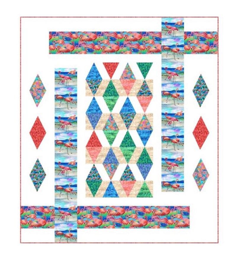 May include: A quilt pattern with a geometric design featuring pink, blue, green, and beige triangles and diamonds. The pattern is surrounded by a border of pink flamingos on a white background.