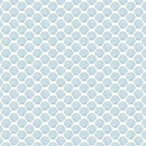 May include: A repeating pattern of light blue seashells on a cream background. The seashells are evenly spaced and create a textured, oceanic design. The pattern is suitable for various applications, such as fabric or wallpaper.
