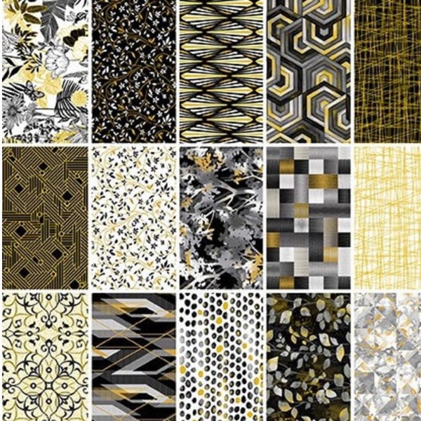 Fat Quarter Bundle-15 Piece-Black White 24 Karat Collection-Henry Glass Fabrics-100 % Cotton