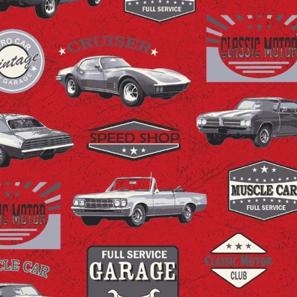 Classic Cars-Red-Windham Fabrics-American Muscle Collection-100 Percent Cotton-Quilting Cotton-52955-3-Cut to Size