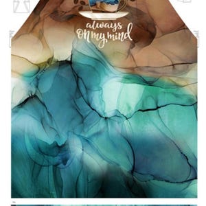 May include: A teal and brown abstract pattern apron with the text "coffee always on my mind" and a coffee cup graphic. The apron is 24 inches by 43 inches.