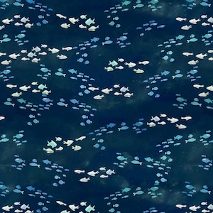 May include: A repeating pattern of stylized fish in shades of blue and white against a dark blue background. The fish are arranged in groups, creating a sense of movement and depth, evoking an underwater scene.