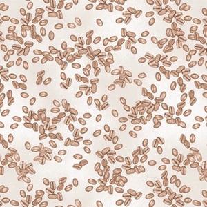 May include: A seamless pattern of brown coffee beans scattered on a white background.