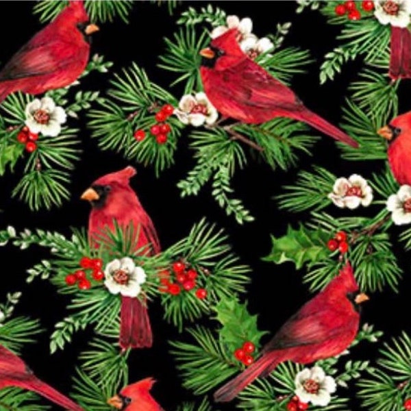 Cardinals-Black Red Green-Cardinal Christmas Collection-Deborah Edwards-Northcott-Holiday-100% cotton-25481-99-Cut to Size