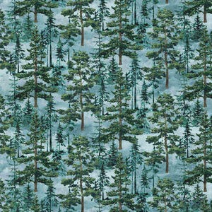 May include: A seamless pattern featuring a repeating design of blue-green pine trees against a light blue background. The trees are of varying heights and sizes, creating a dense forest scene.