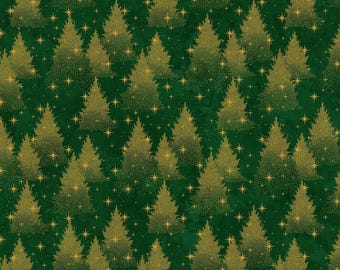 O’Christmas Tree-Trees-Dark Green-Shimmer-Metallic Gold-Northcott Fabrics-Deborah Edwards-100 % Cotton-28958M-76-Cut to size