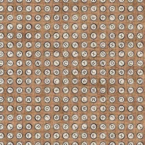 May include: A brown background with a repeating pattern of white circles containing black letters. The letters are all different and appear to be typewriter keys.