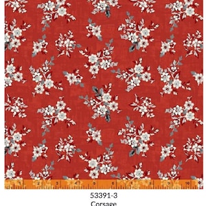 May include: Red fabric with a white floral pattern. The fabric is called "Corsage" and is made of cotton. The fabric number is 53391-3.