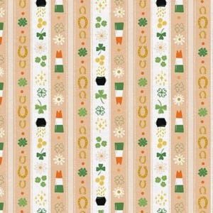 May include: A seamless pattern featuring a repeating vertical stripe design with various Irish-themed symbols, including shamrocks, gold coins, horseshoes, and Irish flags. The background is a light peach color.