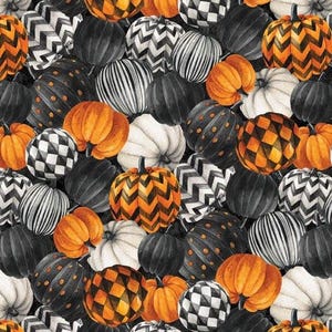 May include: A repeating pattern of pumpkins in various styles and colors. The pumpkins are orange, black, white, and gray, with designs including stripes, checkerboard, and chevron patterns. The pumpkins are arranged closely together.