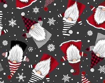 May include: A seamless pattern featuring a repeating design of gnomes wearing various hats and outfits. The gnomes are depicted on a dark gray background with white snowflakes and dots.