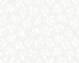 May include: A seamless pattern featuring white floral sprigs on a light gray background.