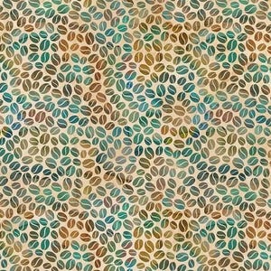 May include: A seamless pattern of coffee beans in shades of brown, teal, and beige. The beans are arranged in a repeating pattern, creating a visually appealing and textured background.