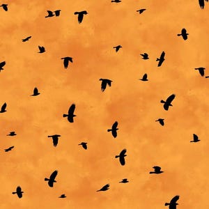 May include: An orange background with a pattern of black birds in flight. The birds are silhouetted against the orange, creating a contrast. The birds are of varying sizes and orientations, suggesting movement.
