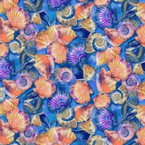 May include: A blue background with a variety of seashells in shades of purple, orange, and brown. The shells are arranged in a random pattern and some are overlapping.