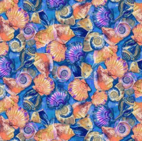 Fabulous Flamingos Collection-Seashells-100 Percent Cotton Fabric Aqua Blue-Paint Brush Studios-Ro Gregg-120-208942-Cut to Size