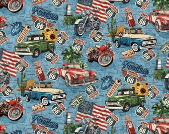 Historic Route 66-Route 66 Toss-Blue Multi-Northcott Fabrics-American Cars-Bikes-100 Percent Cotton-Quilting Cotton-DP29241-42-Cut to Size