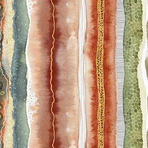 May include: Abstract watercolor artwork featuring vertical bands of color and texture. The design includes areas of brown, green, and gold, with patterns of dots, lines, and organic shapes. The artwork has a handmade, artistic feel.