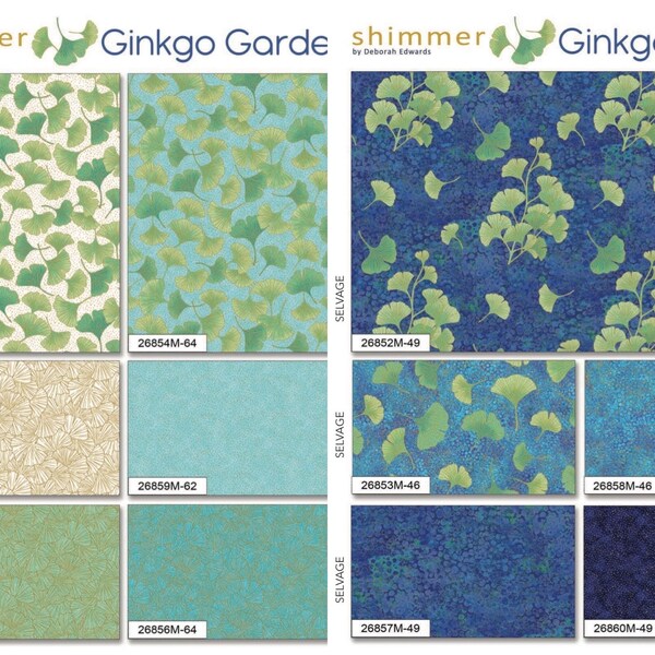 Gingko Garden-Shimmer Fat Quarter Bundle-11 Piece-Turquoise-Metallic Gold-Blue-Northcott-Deborah Edwards-100% Cotton Fabric