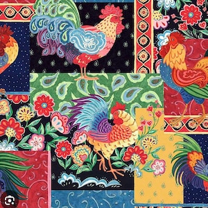 May include: A colorful fabric design featuring stylized roosters and floral patterns. The roosters are depicted in vibrant hues of red, blue, yellow, and green, set against a patchwork of black, red, and green backgrounds. The design includes floral and paisley motifs.