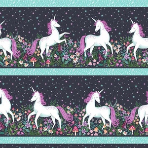 May include: A seamless pattern featuring white unicorns with pink manes and tails, surrounded by a field of colorful flowers and stars on a dark blue background.