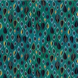 May include: A seamless pattern featuring teal blue, black, and gold leaves. The leaves are outlined in white and have a speckled texture. The background is a dark teal blue.