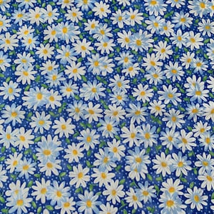 White Daisies on Blue-Floral Print-100 Percent Cotton-Quilting Cotton-Cut to size