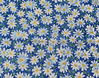 White Daisies on Blue-Floral Print-100 Percent Cotton-Quilting Cotton-Cut to size