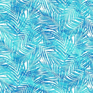 May include: A repeating pattern of blue and turquoise palm leaves against a white background. The leaves have a textured, watercolor-like appearance, creating a tropical and summery aesthetic. The design is suitable for fabric or wallpaper.