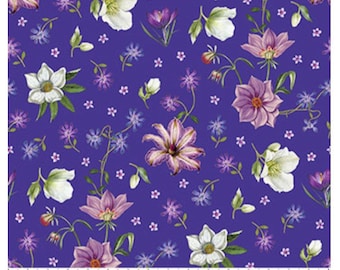 May include: Purple fabric with a repeating pattern of white, pink, and purple flowers. The flowers are stylized and have a vintage look.