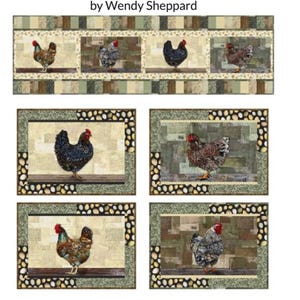 May include: A set of four quilted placemats and a runner featuring a patchwork design of chickens. The runner is 64 inches by 19 inches and the placemats are 18 inches by 13 inches. The runner and placemats feature a variety of colors, including brown, green, white, and black.