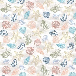 May include: A repeating pattern of various sea creatures and shells in a watercolor style. The design features starfish, seashells, and seaweed in shades of blue, coral, and green on a textured white background. The overall theme is nautical.