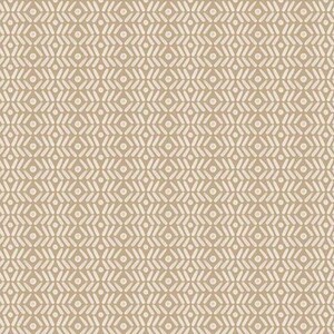 May include: A repeating pattern of cream-colored geometric shapes on a tan background. The design features diamond shapes with small circles and elongated ovals, creating a textured, symmetrical pattern. This design is suitable for fabric or wallpaper.