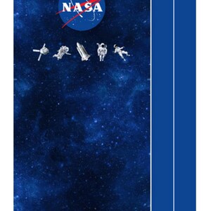 May include: Canvas bag panel featuring a deep blue space scene with the NASA logo and various space-related illustrations. The panel measures 24 inches by 43 inches. A tote bag with the NASA logo is also shown.