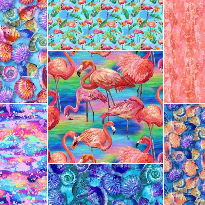 May include: A collage of six different patterns featuring pink flamingos, seashells, and abstract watercolour designs. The patterns are arranged in a grid with three rows and two columns. The top row features a blue background with pink flamingos and green leaves. The middle row features a rainbow background with pink flamingos. The bottom row features a blue background with seashells. The right column features a pink background with a watercolour texture.