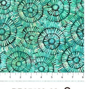 May include: Teal fabric with a repeating pattern of white and green concentric circles. The fabric is measured with a ruler in inches. The product code DP25420-66 is visible in the image.