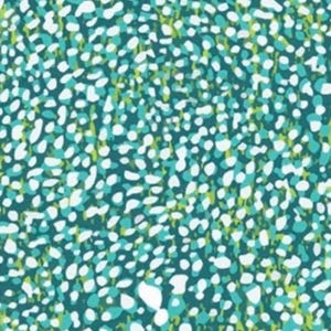 May include: Abstract seamless pattern with teal, white, and green spots on a dark teal background.
