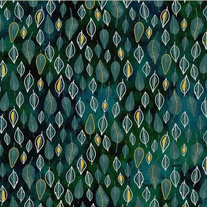 May include: A seamless pattern featuring a repeating design of white outlined leaves with yellow centers on a dark teal background.