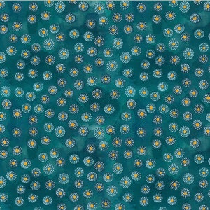 May include: Teal blue background with a repeating pattern of small white and gold circles. The circles are arranged in a random pattern.