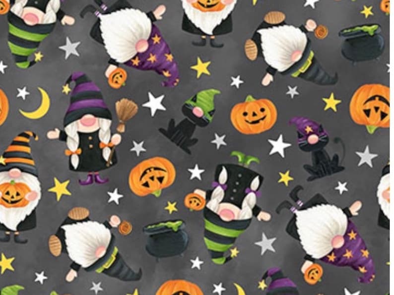 May include: A repeating pattern of Halloween-themed gnomes, pumpkins, stars, and a black cat on a dark gray background. The gnomes wear witch hats and hold pumpkins. The pumpkins have carved faces. The stars and moons are yellow.