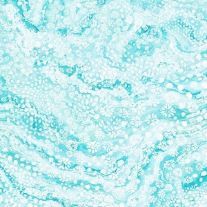 May include: Abstract blue and white marbled background with a swirling pattern of white dots and flowers.